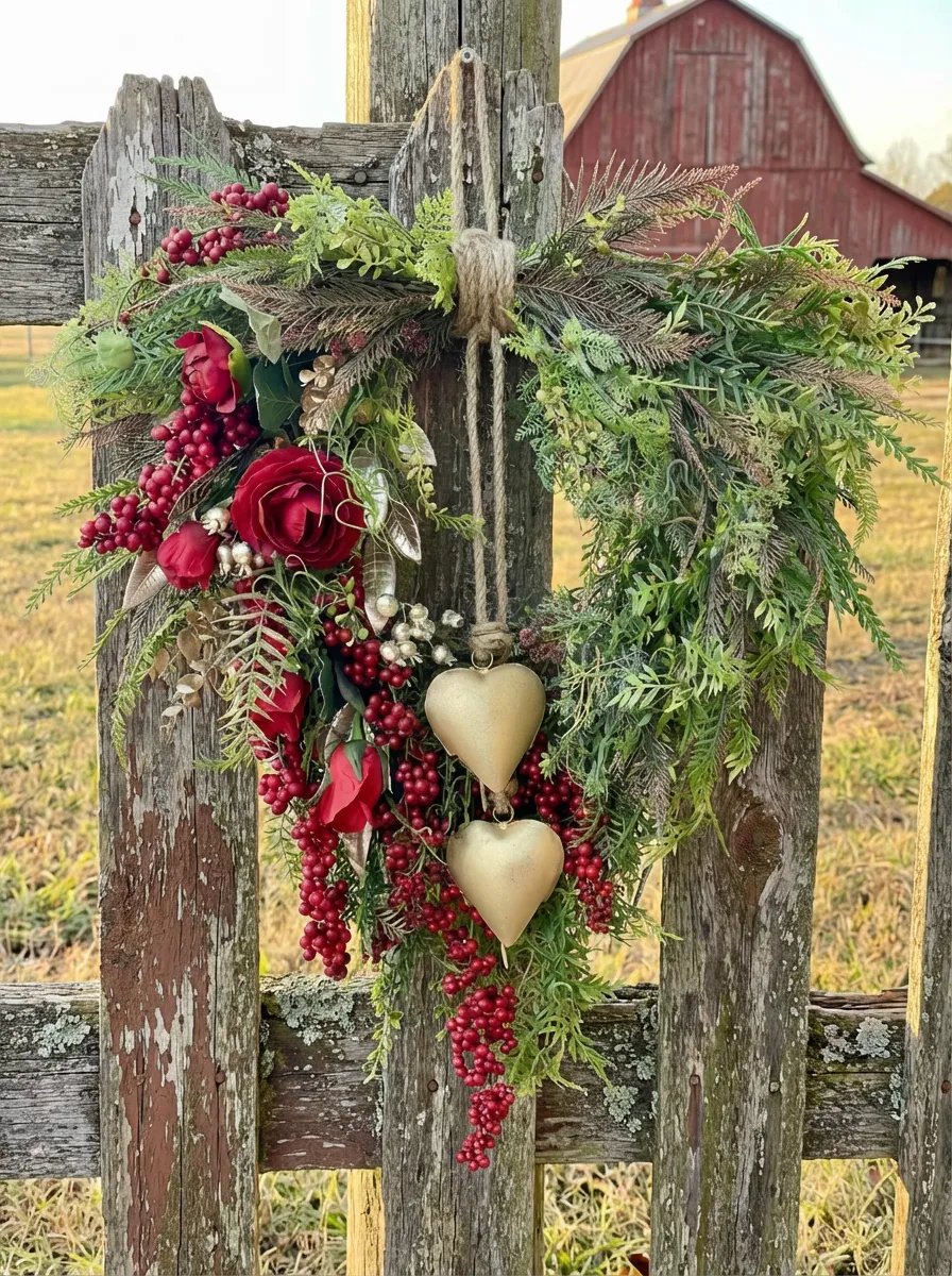 ❤️ Valentine's Day Farmhouse Valentine Heart Wreath: Gold Bells. Red Roses & Berries🎉