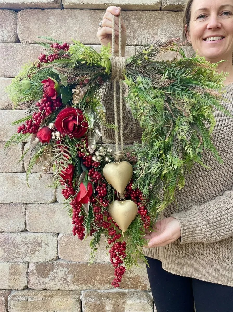 ❤️ Valentine's Day Farmhouse Valentine Heart Wreath: Gold Bells. Red Roses & Berries🎉