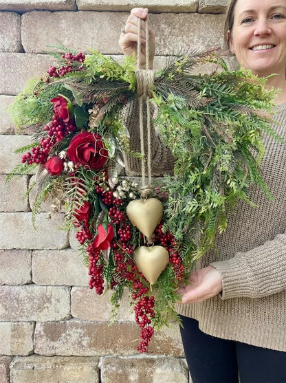 ❤️ Valentine's Day Farmhouse Valentine Heart Wreath: Gold Bells. Red Roses & Berries🎉