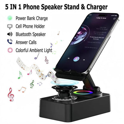 Wireless Audio Bluetooth Speaker 5in1 Phone Holder📲🤳🏻Cilifer® Emergency Rechargeable with Colorful Ambient Light 300o Foldable for Tablet iPhone Android, Gifts for Men Women , Black📲M5