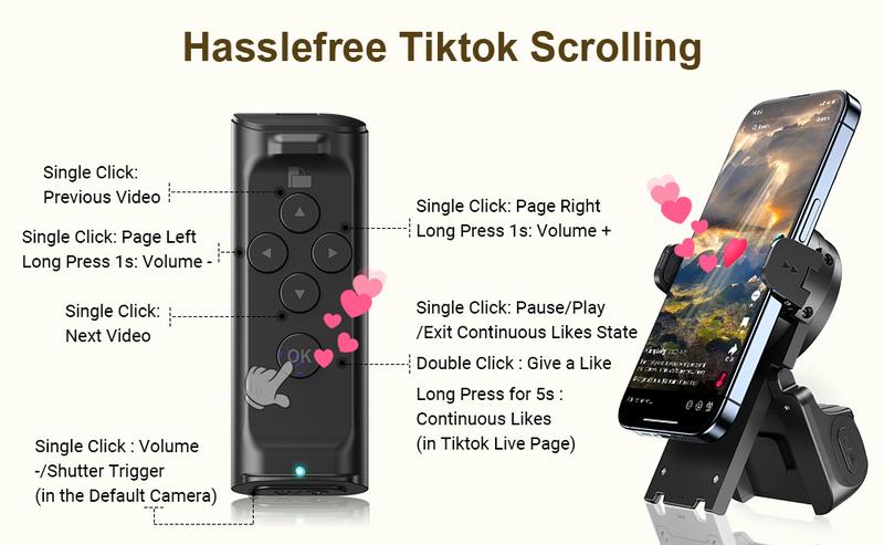 Remote Control for  Scrolling withSmartphone Holder Stand, 📲🤳🏻Cilifer® Wireless Scroller PageTurner, Camera Shutter Video Recording for iOSAndroid, Cellphone SelfieAccessory,BacktoSchool M2