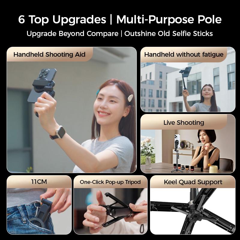 2025 New 4-in-1 Multifunctional Magnetic miniSelfie Stick with 360° Rotation Compact Cilifer® Bluetooth Control Magnetic PhoneHolder for Selfies Video Recording VloggingCompatible with Most Phones -StabilizerCamera,Maxinum extend to 16 inches📲M1