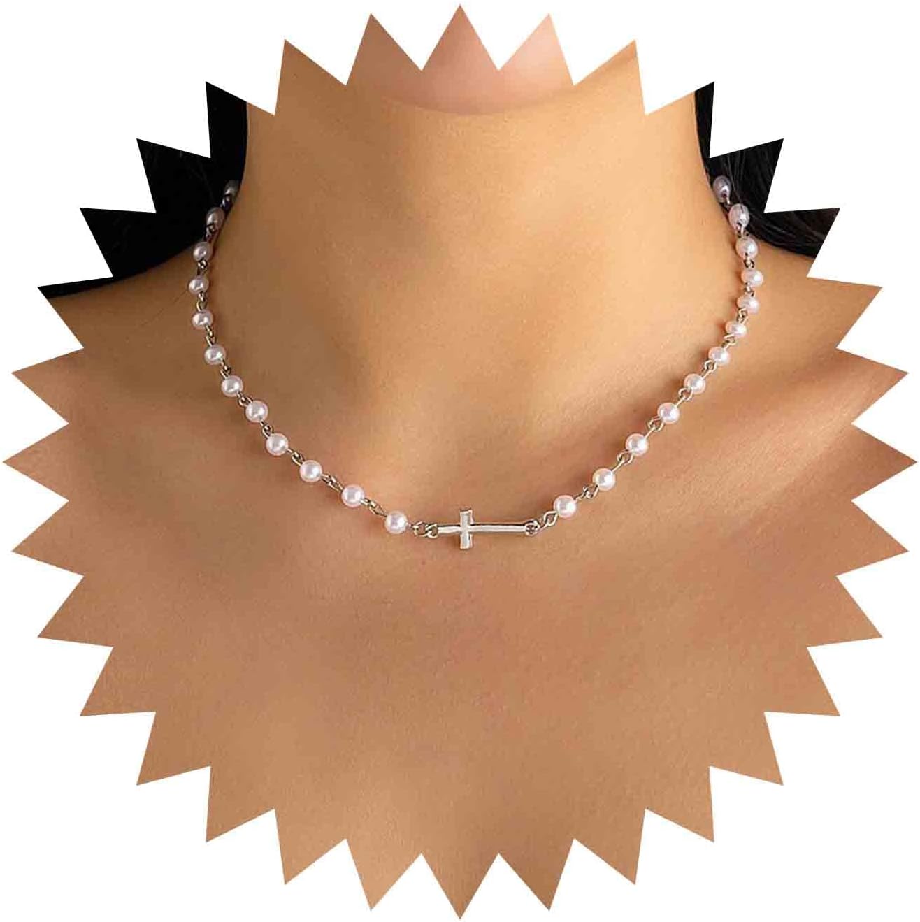 CZTICLE® Pearl Choker Necklace Gold Pearl Necklace Choker Vintage Cross Crucifix Necklace Minimalist Pearl Cross Necklace Jewelry for Women M1