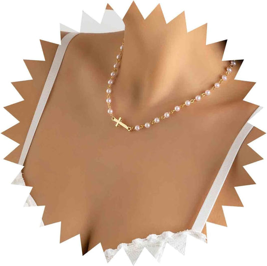 CZTICLE® Pearl Choker Necklace Gold Pearl Necklace Choker Vintage Cross Crucifix Necklace Minimalist Pearl Cross Necklace Jewelry for Women M1