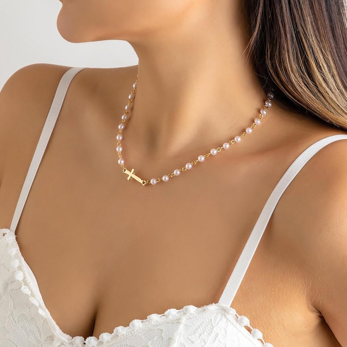 CZTICLE® Pearl Choker Necklace Gold Pearl Necklace Choker Vintage Cross Crucifix Necklace Minimalist Pearl Cross Necklace Jewelry for Women M1