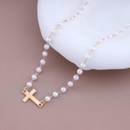 CZTICLE® Pearl Choker Necklace Gold Pearl Necklace Choker Vintage Cross Crucifix Necklace Minimalist Pearl Cross Necklace Jewelry for Women M1