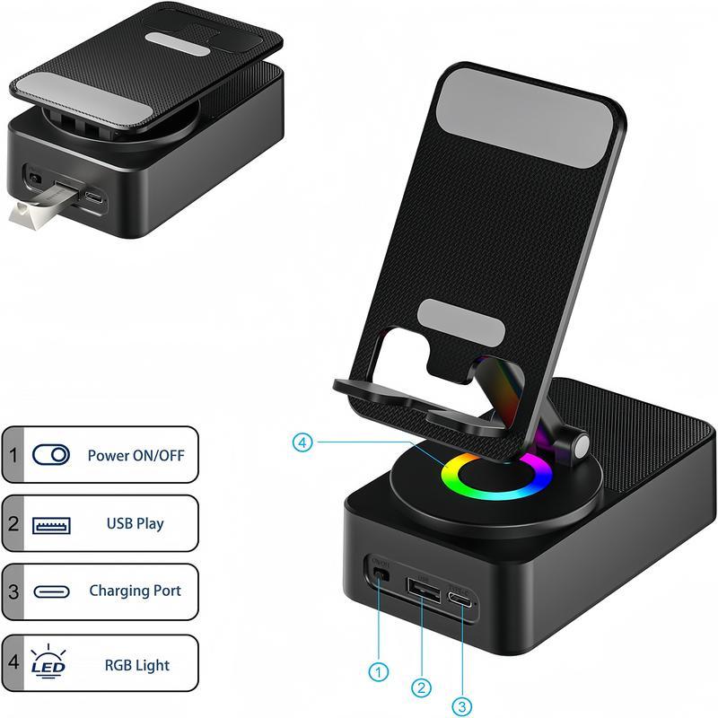 Wireless Audio Bluetooth Speaker 5in1 Phone Holder📲🤳🏻Cilifer® Emergency Rechargeable with Colorful Ambient Light 300o Foldable for Tablet iPhone Android, Gifts for Men Women , Black📲M5