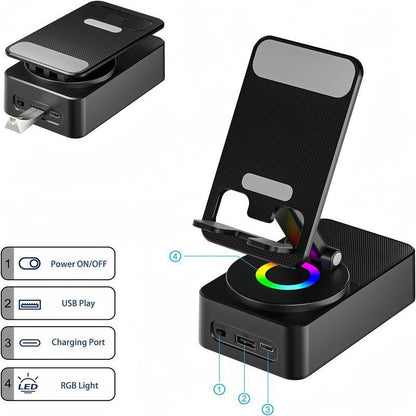 Wireless Audio Bluetooth Speaker 5in1 Phone Holder📲🤳🏻Cilifer® Emergency Rechargeable with Colorful Ambient Light 300o Foldable for Tablet iPhone Android, Gifts for Men Women , Black📲M5