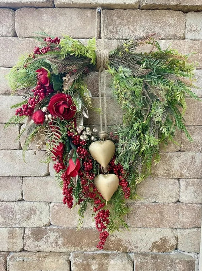 ❤️ Valentine's Day Farmhouse Valentine Heart Wreath: Gold Bells. Red Roses & Berries🎉