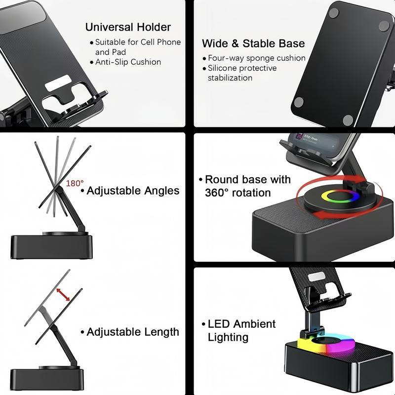 Wireless Audio Bluetooth Speaker 5in1 Phone Holder📲🤳🏻Cilifer® Emergency Rechargeable with Colorful Ambient Light 300o Foldable for Tablet iPhone Android, Gifts for Men Women , Black📲M5