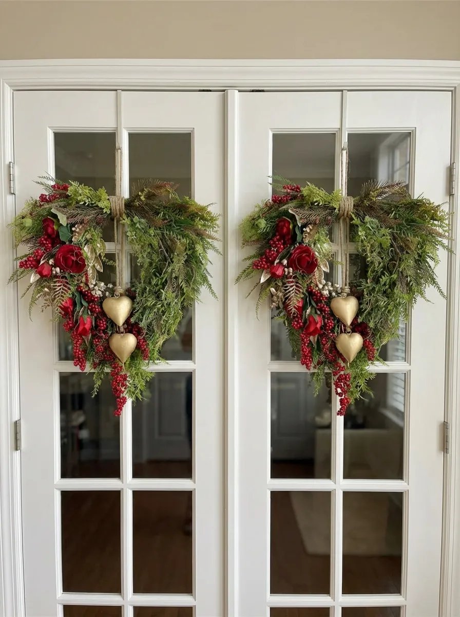 ❤️ Valentine's Day Farmhouse Valentine Heart Wreath: Gold Bells. Red Roses & Berries🎉